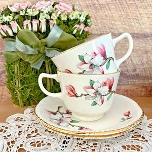 Laughlin Dogwood Tea Cup Saucer Set Tea for Two  ca 1957 Liberty Shape